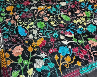 Black Kantha Saree: Hand-Stitched Bangalore Silk, Multi-Color Threadwork