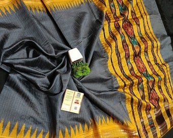 Silkmark Certified Raw Silk Ikkat Weaving Saree - Ash Colour with yellow combination