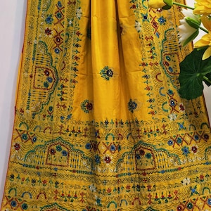Lambani stich work over blended bangalore silk |Yellow lambani kantha work saree| Hand work Saree|Mirror work |for party wear saree