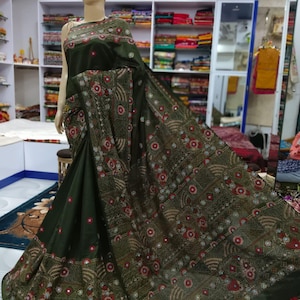 Lambani stich work over blended bangalore silk | kantha work saree| Hand work Saree| Mirror work| for party wear saree