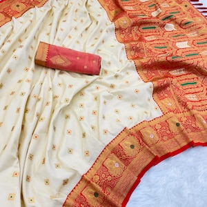 Meenakari katan banarasi saree| Semi katan banarasi| Contrast colour|Puja special red white banarasi sari| wedding wear,party wear saree