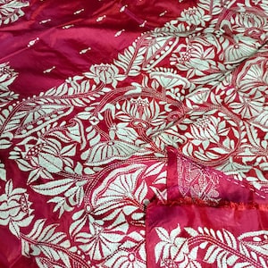 Hand kantha stich saree| Red and purple dual tone kantha over blended bangalore silk saree
