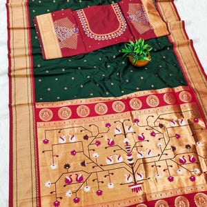 paithani silk saree |Bright colour combinatios| Allover weaving work | Contrast designer Blouse piece|Semi paithani saree |Party wear saree