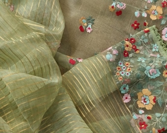 Handwoven Organza Silk Saree: Floral Embroidery, Velvet Lace