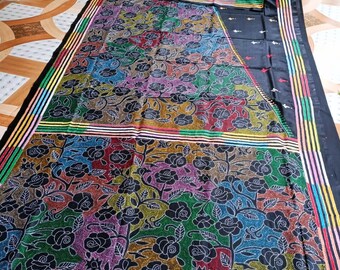 Hand Kantha Stitch Bangalore Silk Blend Saree: Black with Multicolor Threadwork