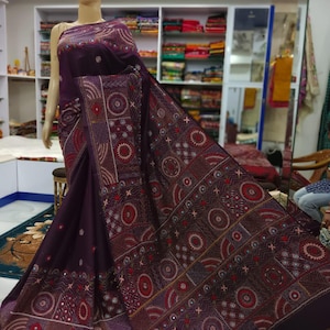 Lambani stich work over blended bangalore silk | kantha work saree| Hand work Saree| Mirror work| for party wear saree