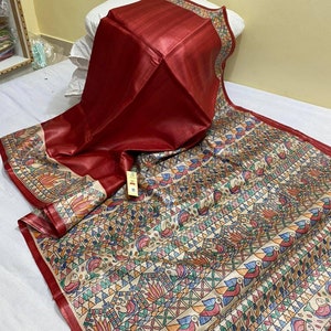 Hand madhubani paint over gachhi tussar silk (silkmark certified ) saree and running blouse piece
