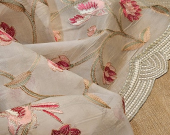 Organza Silk Saree: Katha Embroidery, Scallop Border Party Wear