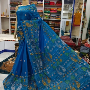 Lambani stich work over blended bangalore silk | kantha work saree| Hand work Saree| Mirror work| for party wear saree