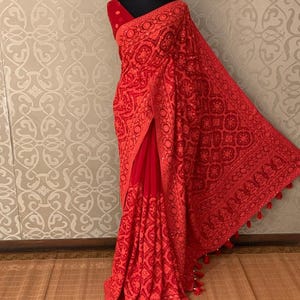 Lucknow hand chikankari work with sequince | Allover work | party wear saree| with designer blouse piece | Red saree|pastel shades saree