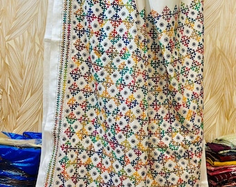 Gujarati Kantha Stitch Saree: Handwork blended Bangalore Silk, Off White colour