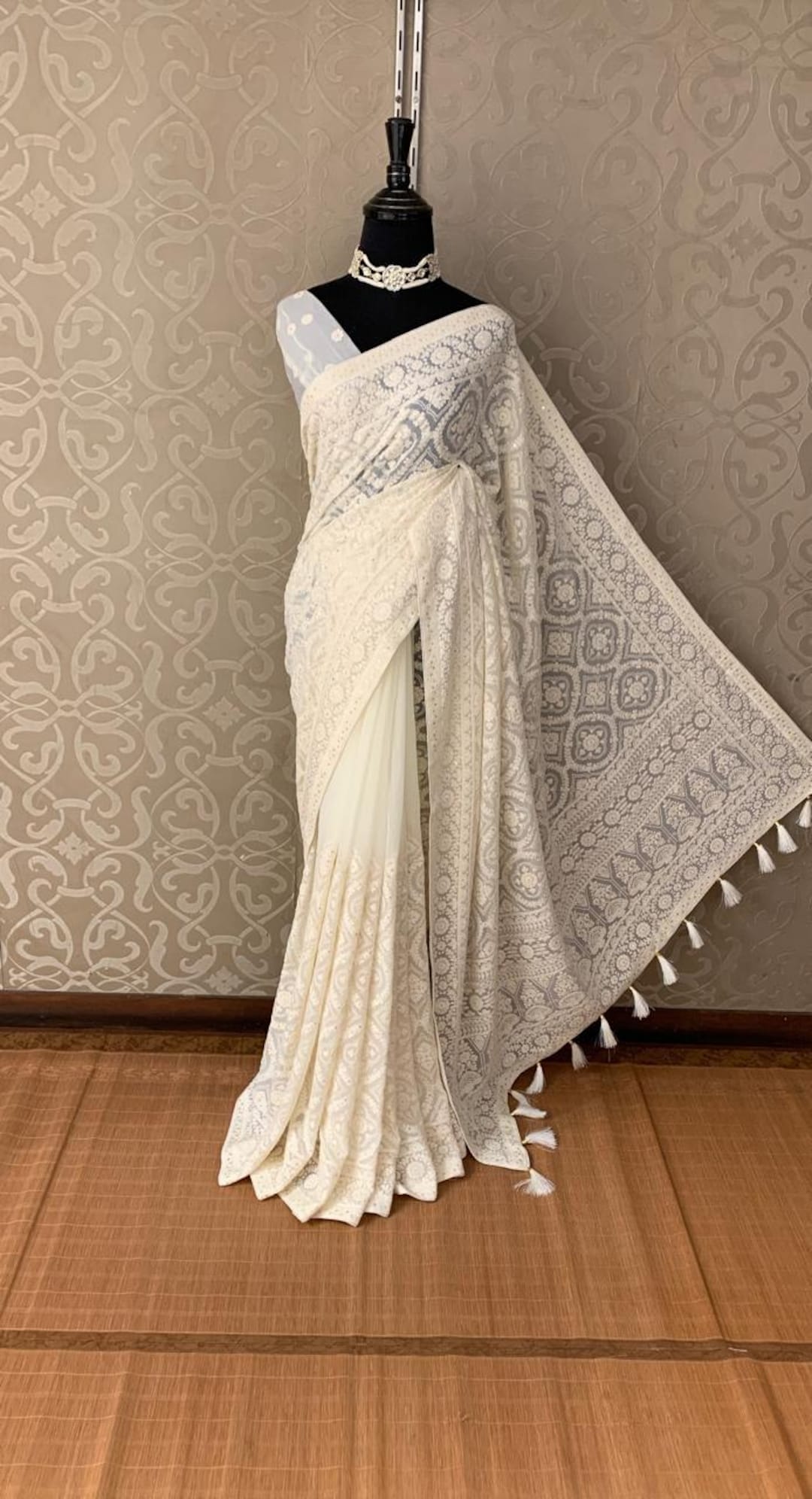 Handmade Lucknow Chikankari Saree: Chiffon Georgette With Sequins - Etsy UK