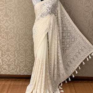 Lucknow hand chikankari work with sequince | Allover work | party wear saree| with designer blouse piece | Red saree|pastel shades saree