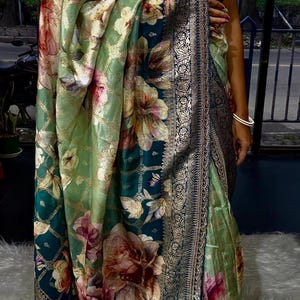 Pure munga silk banarasi over floral digital print and patched border | Shaded munga silk saree with blouse piece for party wear saree