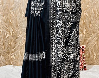 Black Kantha Stitch Saree: Madhyamoni Design, Hand Embroidered Silk