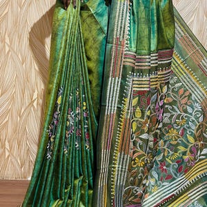 Batik kantha stich saree| Green dual tone colour kantha saree | blended Bangalore silk kantha | Temple  border|Hand stich | party wear saree