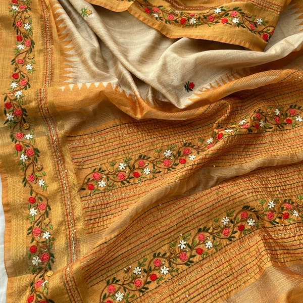 French knot embroidary work over tussar linen silk saree with blouse piece for party wear saree