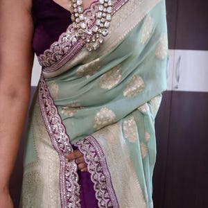Khaddi georgette banarasi Saree with weaving work|sabyasachi style scalloped border|Contrast Blouse piece | pastel shades|wedding party wear