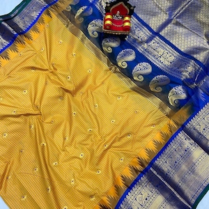 Gadwal kanchi saree de seda/ Borde estilo Kuttu/ Gadwal de seda Semi Kanchi/ Gadwal de seda de primera calidad/Sari de color amarillo/ Saree de fiesta