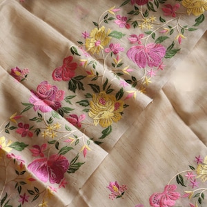 Multicolour thread embroidered pure tussar silk saree with unstich blouse piece | Pure silk saree| pastel shades | Floral embroidary work