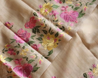 Embroidered Tussar Silk Saree | Pastel Floral Design