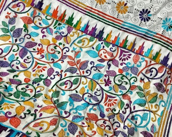 Hand Kantha Stitch Bangalore Silk Blend Saree: Party Wear Sari | white multicolour thread work