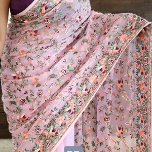 Parsi gara machine embroidary work over georgette silk |Pastel shades saree | embroidered blouse piece | party wear saree|Perfect gift item