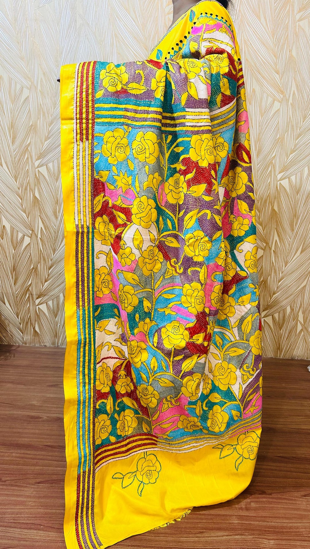 Reverse Kantha Stich Saree|yellow Colour Saree | Multi Colour Thread ...