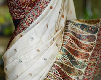 kashmiri kani weaving work over banarasi crepe silk saree | beige pure silk  |Multicolour intricate work for party wear, wedding wear saree