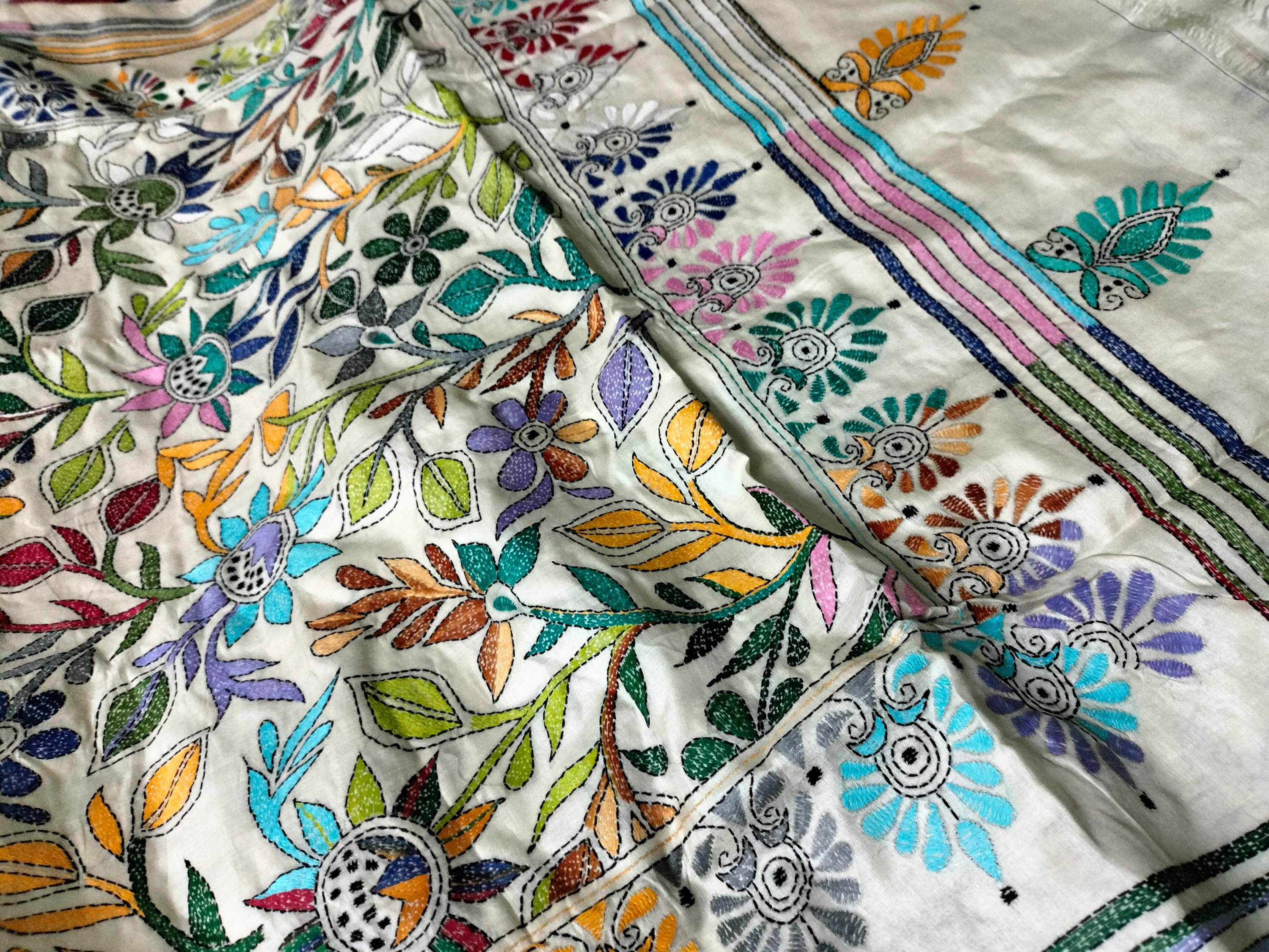 Hand Kantha Stitch Tussar Silk Saree: Floral Thread Work Blouse Piece ...