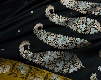 Black Mashru Silk Saree: Mustard Floral Boota Border