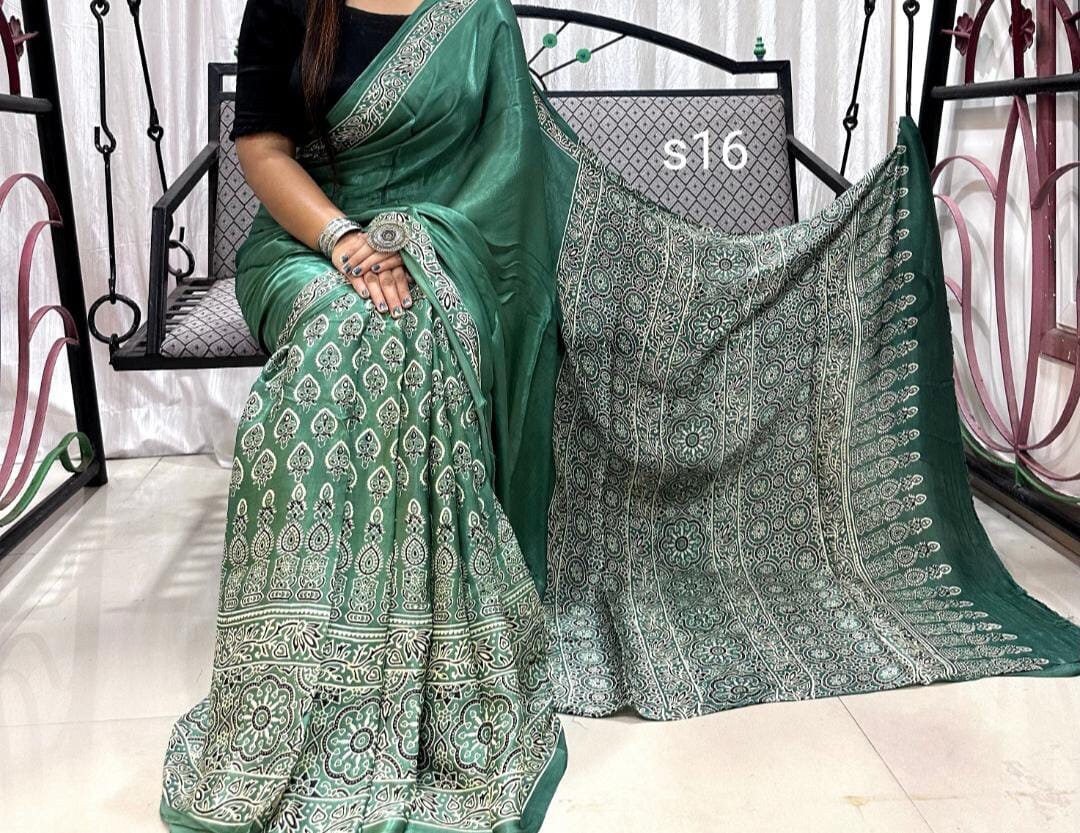 Blue - Ajrakh Block Printed Modal Silk Blouse Piece with Lace Work 35