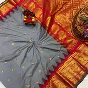 Sari de seda kanchi Gadwal / Borde estilo Kuttu / Gadwal de seda Semi Kanchi / Gadwal de seda de primera calidad / Ceniza con borde rojo / Sari para fiesta