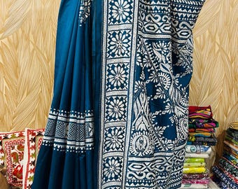 Blue Bangalore Silk Saree: Hand Kantha Stitch Embroidery