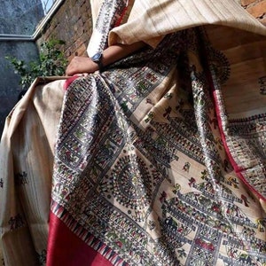 Silkmark certified pure ghicha tussar silk with table dye screen print and running contrast bp for wedding, party wear saree