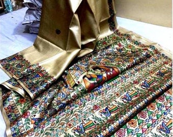 Silkmark Certified Gachhi Tussar Saree: Madhubani Hand Paint, Running Blouse Piece