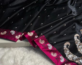 Black Mashru Silk Saree:Rani Floral Boota Border | Bridal Collection