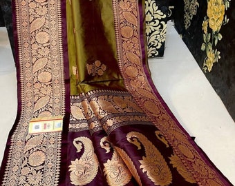 Handloom Katan Banarasi Silk Saree: Mehendi Green, Wedding Wear, Antique Jari Weaving