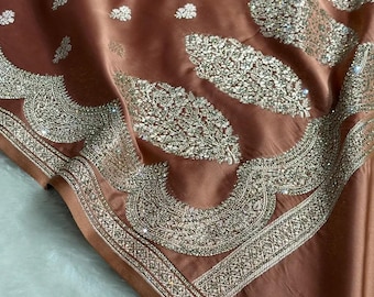 Dusty Peach Scallop Mashru Silk Banarasi Saree with White Stone Swarovski work