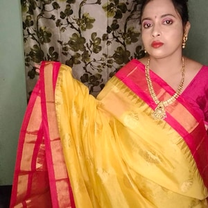 Sari Gadwal exclusivo sico com trama completa jari butta dourada e contraste bp e pallu para o verão, saree para festa cor Rani amarela