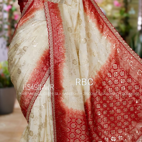 Mashru Crepe Silk white Red contrast Saree | Zarkon and sequince work