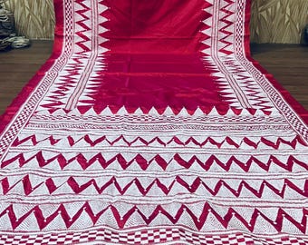Red Purple Kantha Saree: Hand-stitched Blended Bangalore Silk