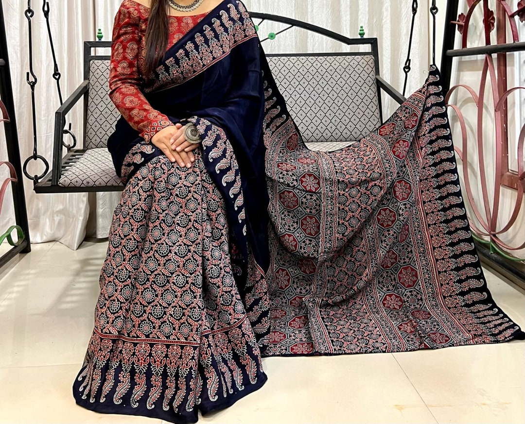 Black Modal silk Ajrakh handblock printed crop top with knot and butterfly sleeves