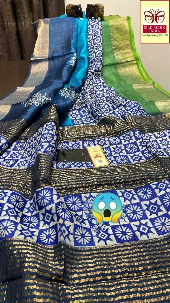 Silkmark certified jari border gachhi tussar silk saree over hand block print and running blouse piece for party wear saree