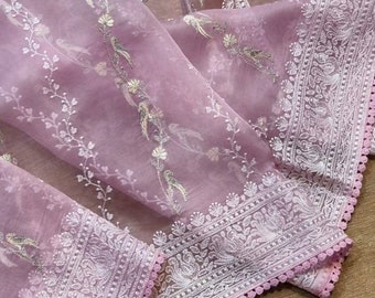 Embroidered Organza Saree: Indian Party Wear with Unstitched Blouse
