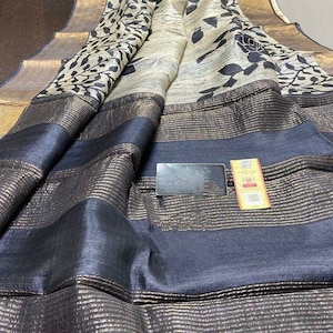 Silkmark certified pure tussar silk saree with hand block print and running bp for party wear saree