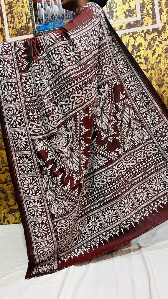 Maroon Kantha Stitch Saree: Bangalore Silk Blend, Intricate Embroidery