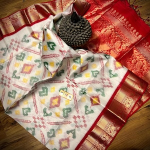Pochampally ikkat saree |Pure silk ikkat sari| kanchi border |white red combination|Handloom ikkat silk saree|Puja special saree| Party wear