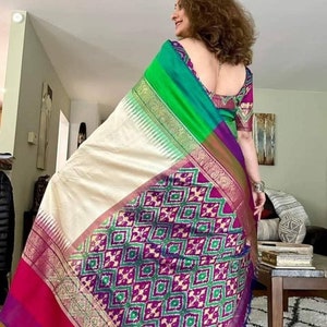 Exclusive pure silk double wrap weaving ikkat saree with running unstich blouse piece for wedding wear, party wear saree