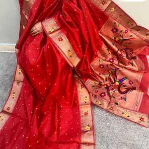 Exclusive  paithani tussar silk saree with weaving buti work|premium quality tussar silk paithani with jari border|Red colour|party wear